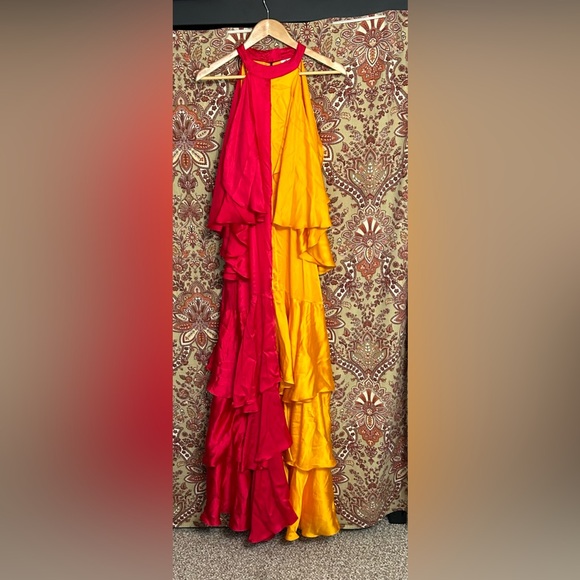 NWT ANTHRO L Pinnacle by Shruti Sancheti Mock-Neck Colorblock Ruffle Dress - Picture 4 of 10